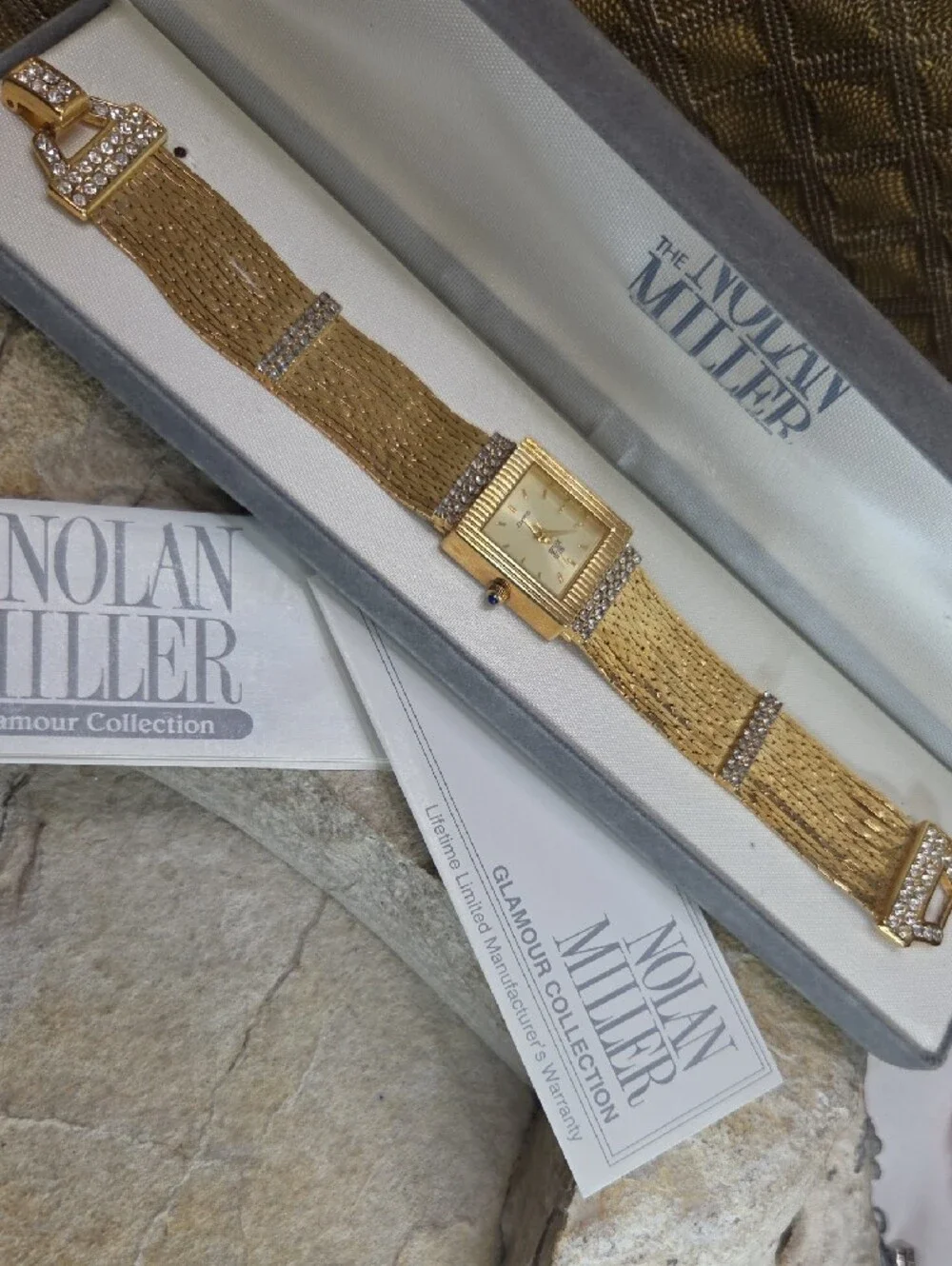 Nolan Miller Gold Chain Bracelet Watch  Rhinestone Accents Blue Sapphire Crown